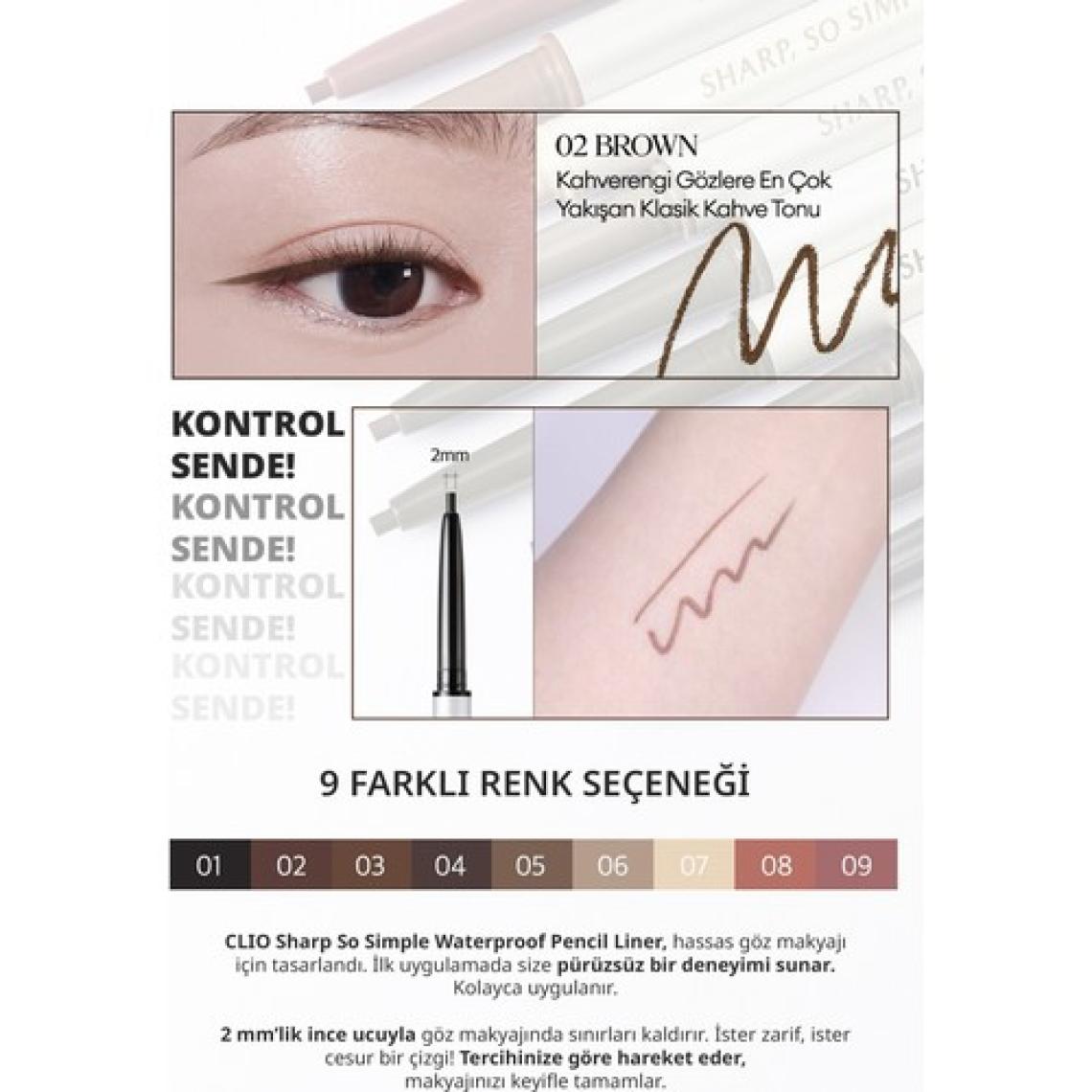 Clio Suya Dayanıklı, İnce Uçlu Göz Kalemi CLIO Sharp So Simple Waterproof Pencil Liner (02 Brown)