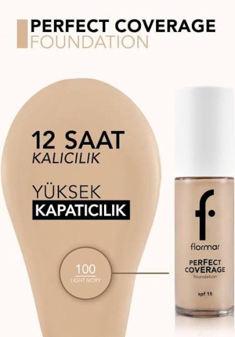 Flormar Perfect Coverage Yoğun Kapatıcı Su Bazlı Fondöten (Nötr Alt Ton) -100 Light Ivory-8682536058124