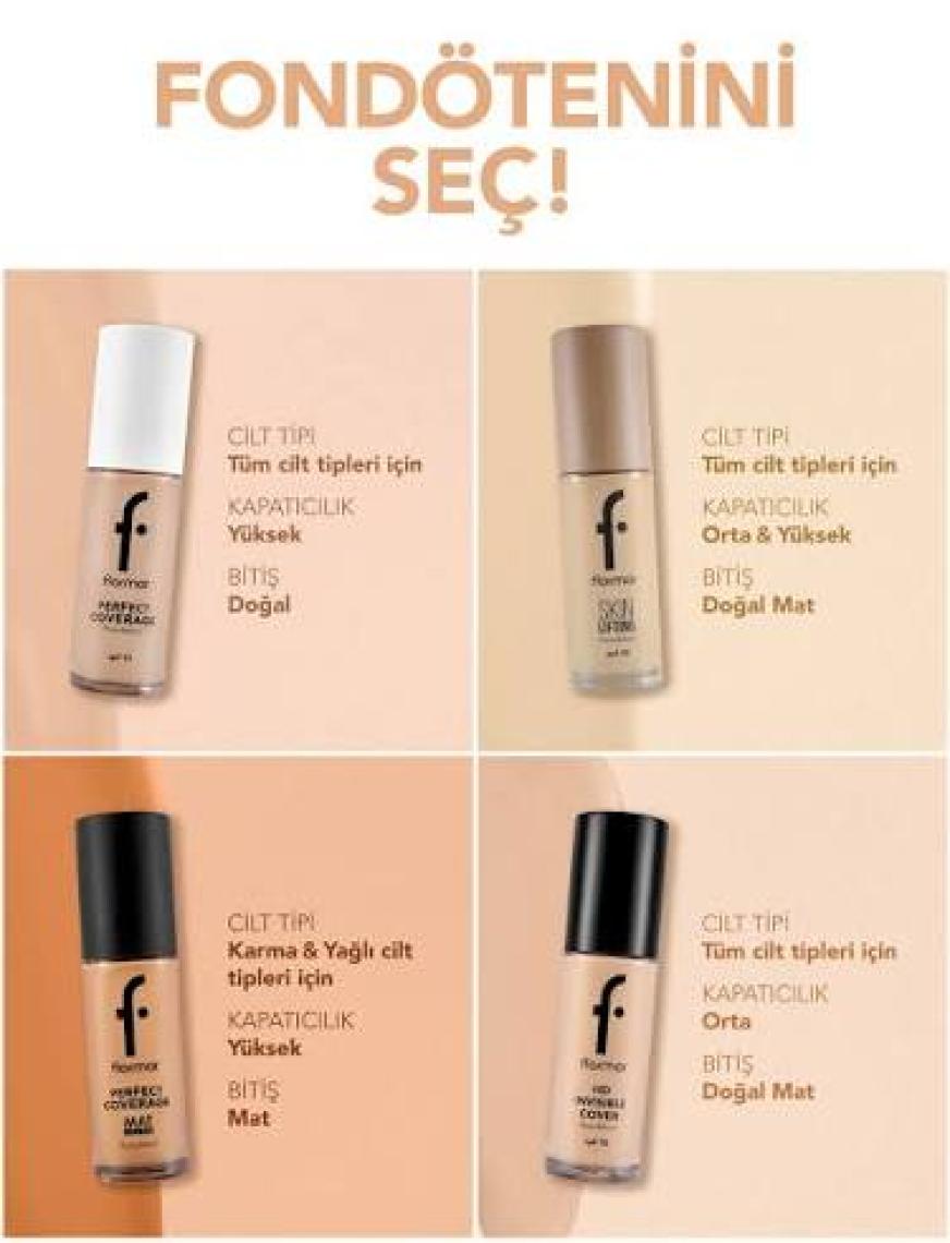 Flormar Perfect Coverage Yoğun Kapatıcı Su Bazlı Fondöten (Nötr Alt Ton) -100 Light Ivory-8682536058124