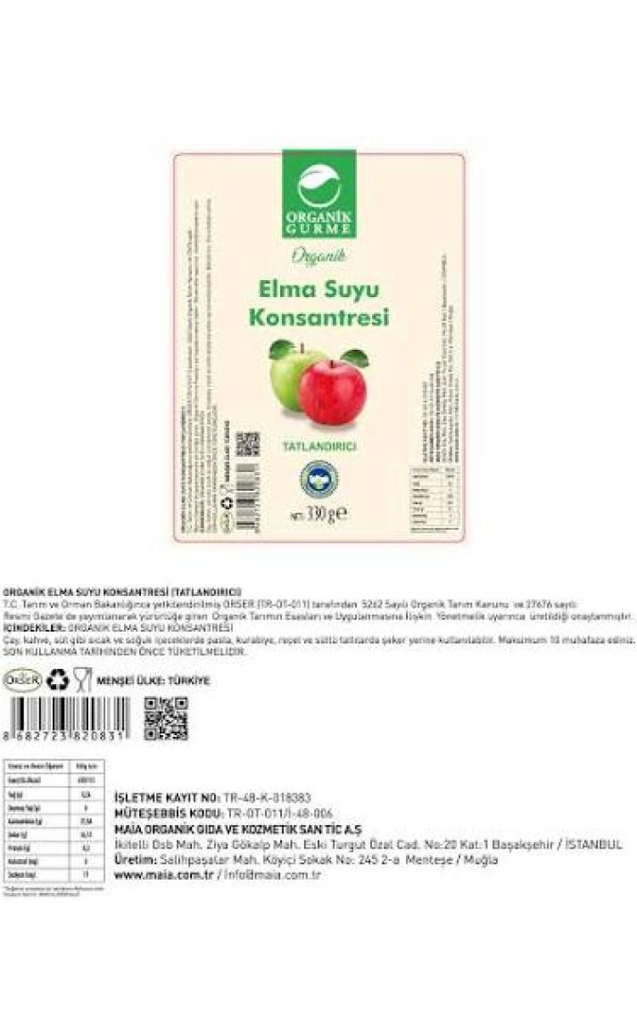 Organik Gurme Elma Suyu Konsantresi 330 gr (Pestisit Analizli)