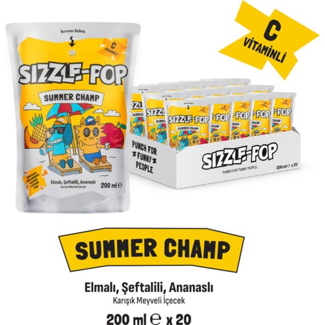 Sızzle-Pop Summer Champ Şeftali Elma Ananas Meyve Suyu 200 ml x 20 Adet