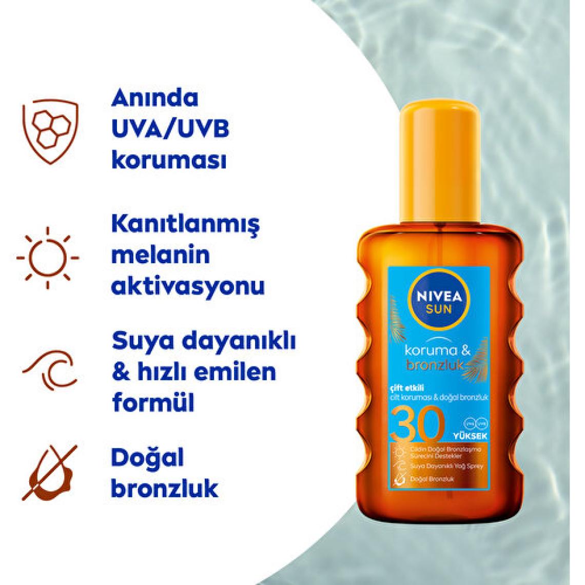 NIVEA Sun SPF30 Koruma & Bronzluk Güneş Yağı 200 ml Sprey,Yüksek Güneş Koruması