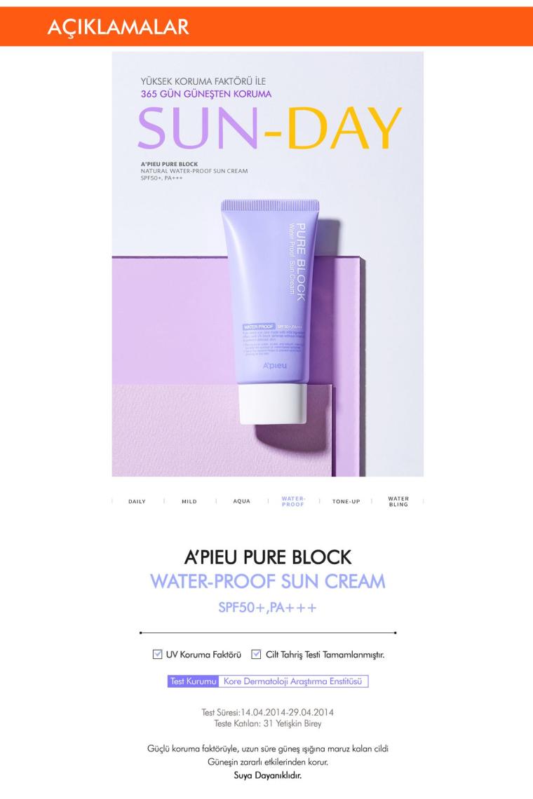 Suya Dayanaklı Güneş Kremi 50ml Apıeu Pure Block Water Proof Sun Cream Spf50 /pa