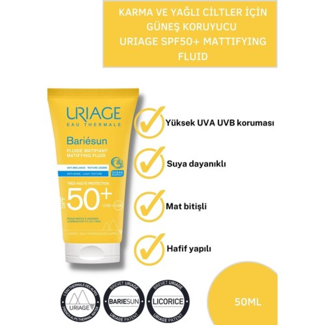 Urıage Bariesun MAT Fluid Spf 50+ 50 ml Karma ve Yağlı Ciltler için Yüksek korumalı Güneş Kremi  Spf 50+