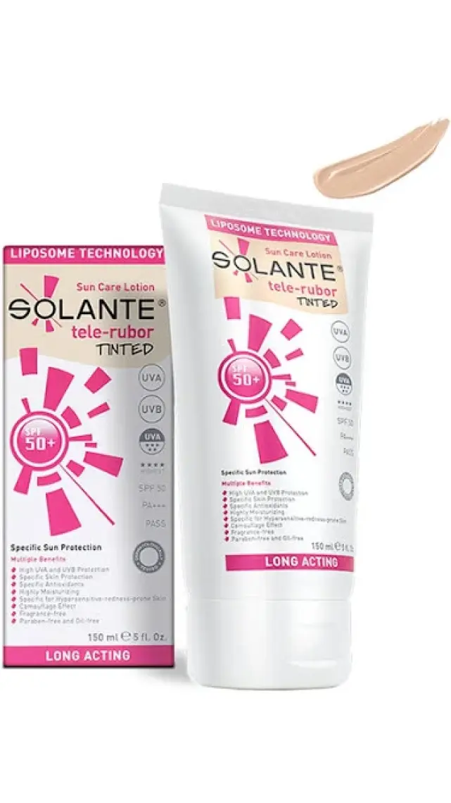 Solante Telerubor Renkli Güneş Losyonu SPF50+ - Hassas Ciltler İçin Yüksek UVA-UVB Koruma ve Antioksidan Etkisi, 150 ml