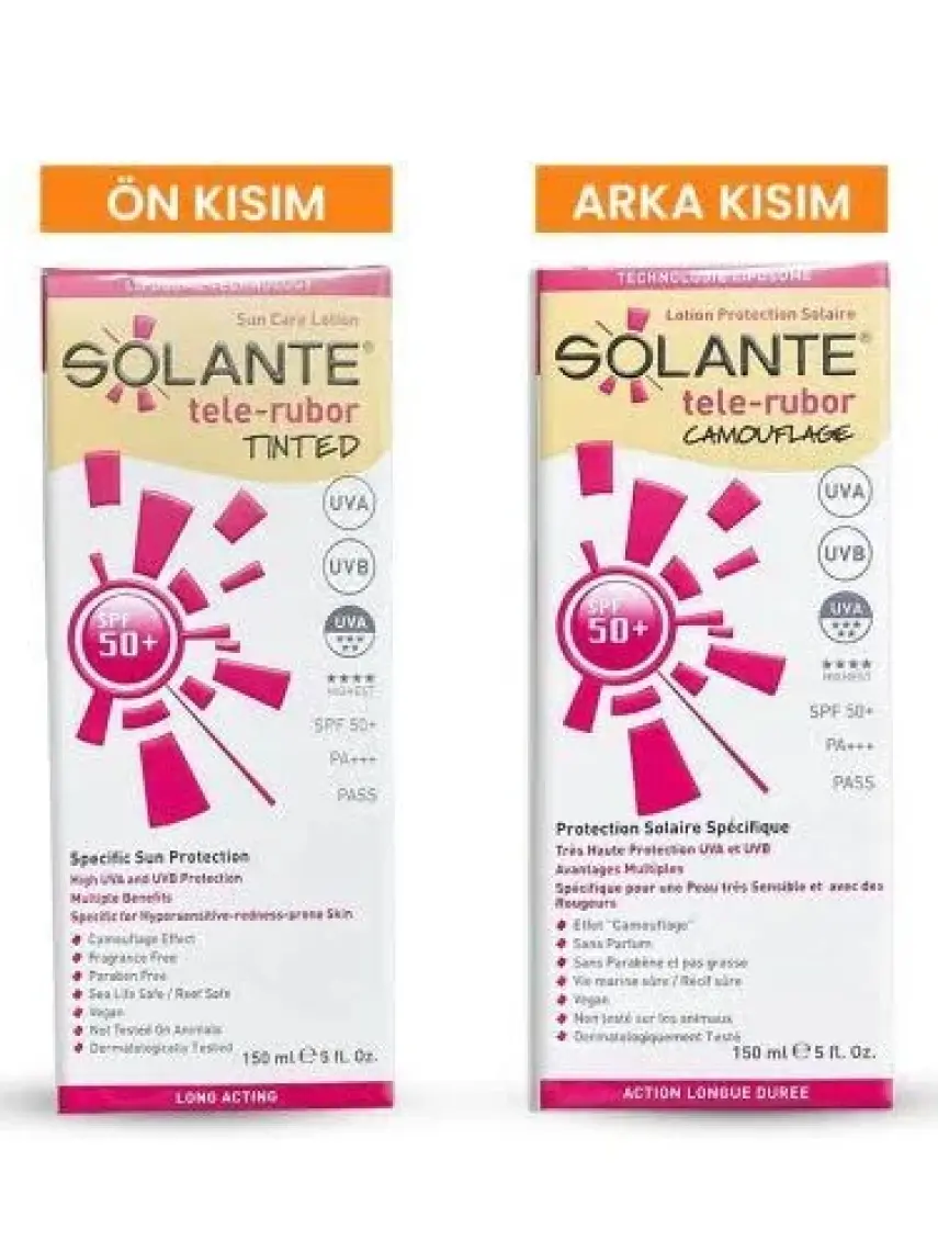 Solante Telerubor Renkli Güneş Losyonu SPF50+ - Hassas Ciltler İçin Yüksek UVA-UVB Koruma ve Antioksidan Etkisi, 150 ml