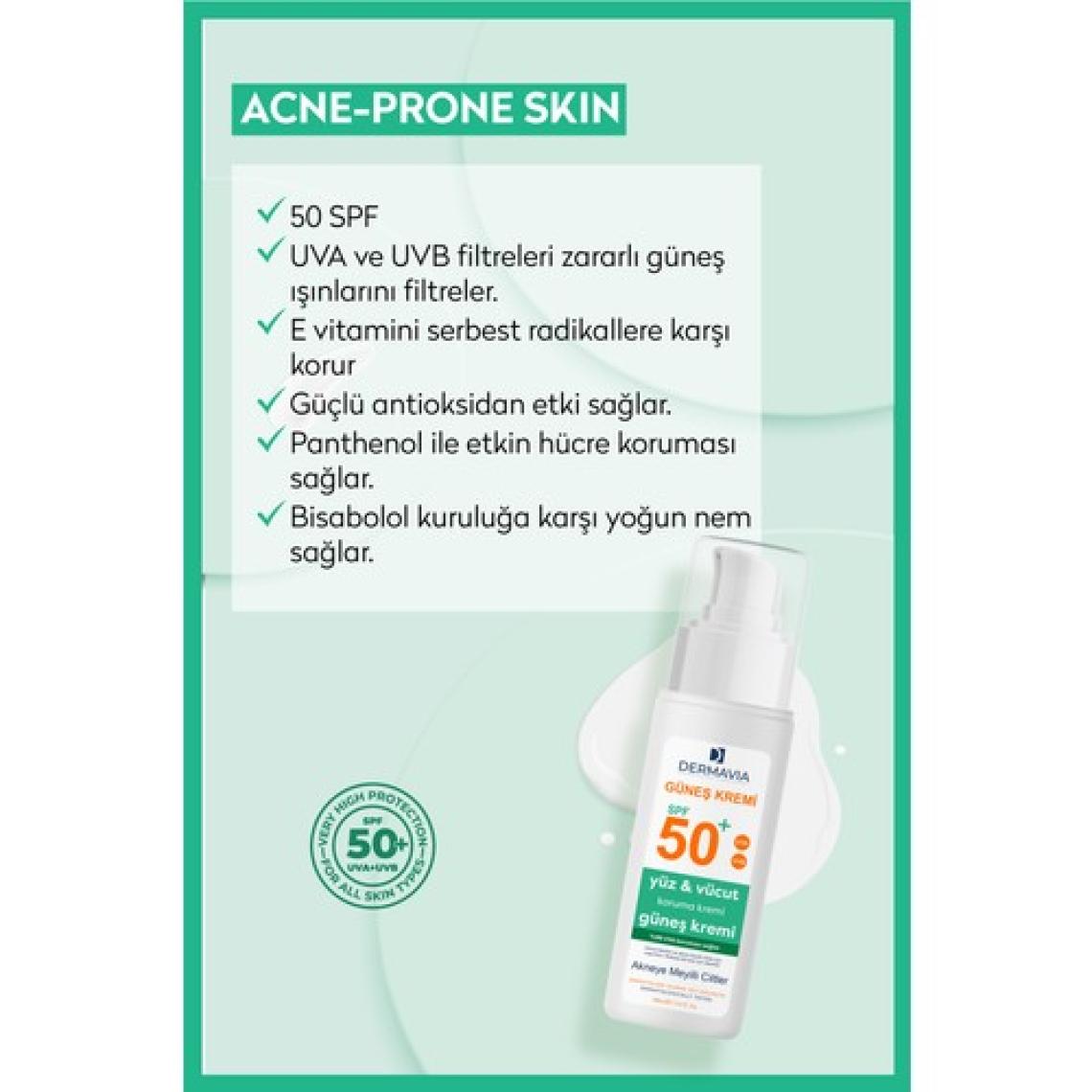 Dermavia  Dermavia Spf+50 Yüz ve Vücut Güneş Kremi Akneye Meyilli Ciltler 100 ml