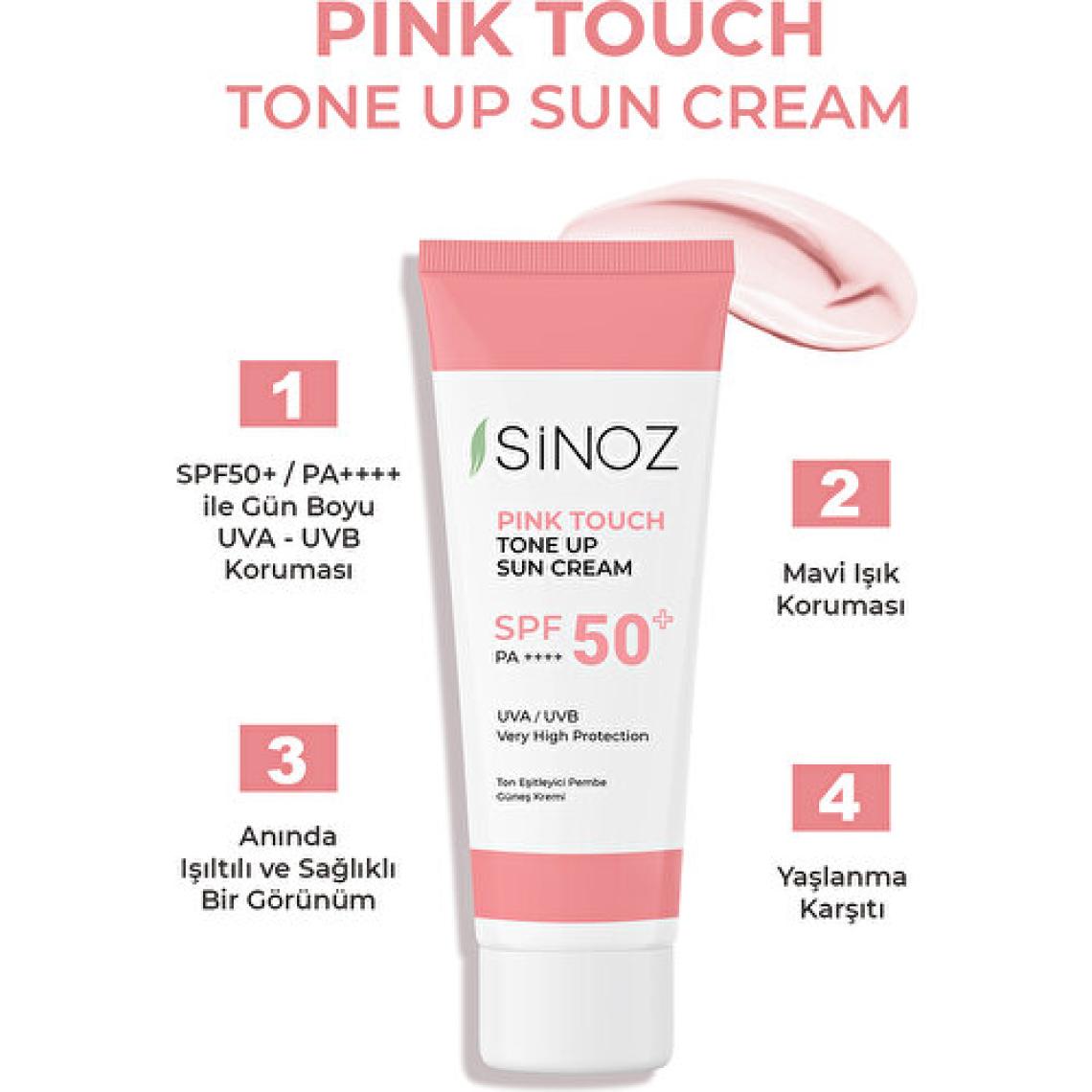 Sinoz Pink Touch SPF 50 Cilt Aydınlatıcı Ton Eşitleyici Pembe Yüz Güneş Kremi 50 ML Tüm Ciltler için