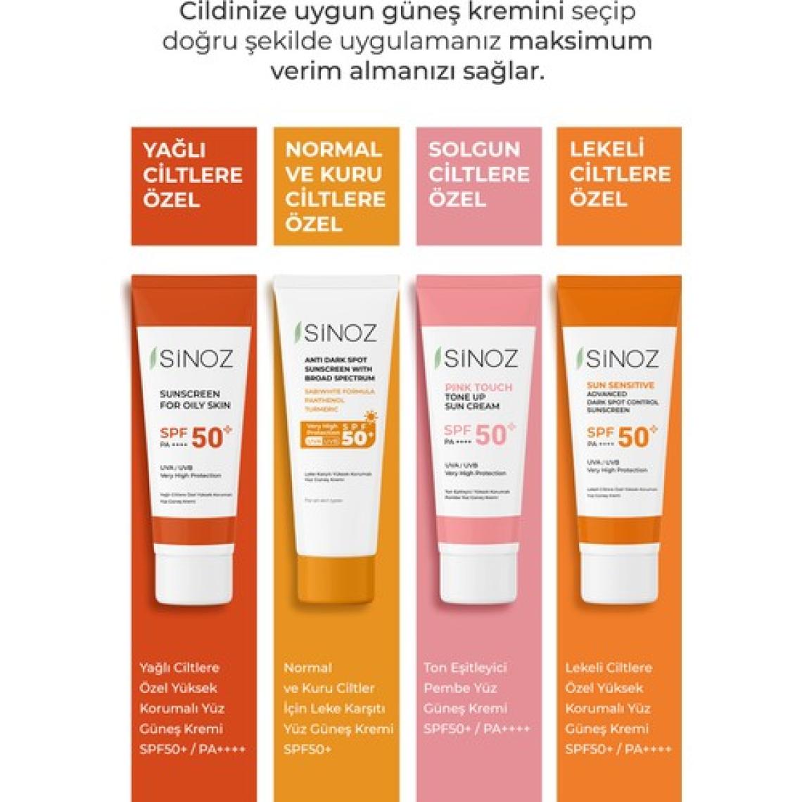 Sinoz Pink Touch SPF 50 Cilt Aydınlatıcı Ton Eşitleyici Pembe Yüz Güneş Kremi 50 ML Tüm Ciltler için