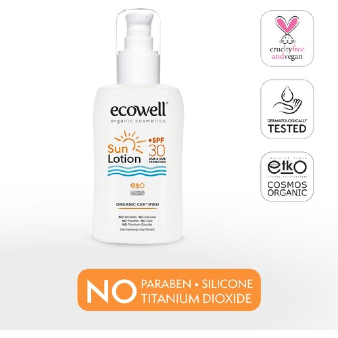 Ecowell Güneş Losyonu, SPF30 Organik & Vegan Sertifikalı, Mineral Filtre, Yüz ve Vücut, UVA UVB Koruma 150ml