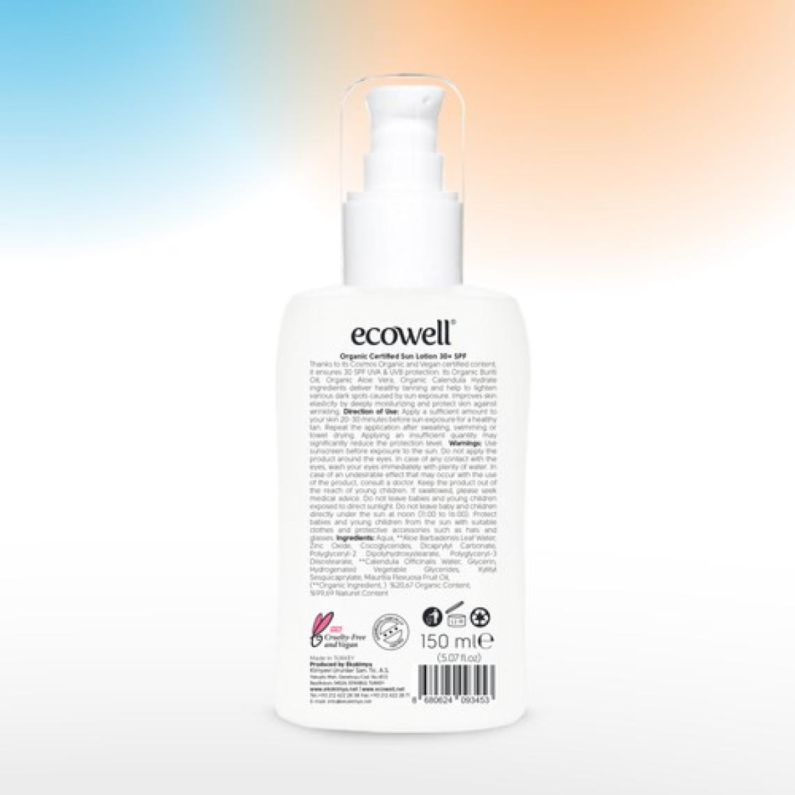 Ecowell Güneş Losyonu, SPF30 Organik & Vegan Sertifikalı, Mineral Filtre, Yüz ve Vücut, UVA UVB Koruma 150ml