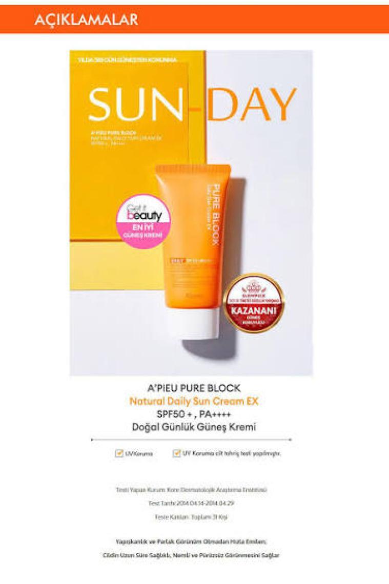MISSHA Yapışkan His Bırakmayan Güneş Koruyucu A'PIEU Pure Block Natural Daily Sun Cream SPF50+/PA++++50ml