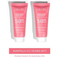 Calliel 2’li Ton Eşitleyici, Aydınlatıcı SPF 50+ Renkli Güneş Kremi Glutatyon, Hyaluronik Asit Etkili