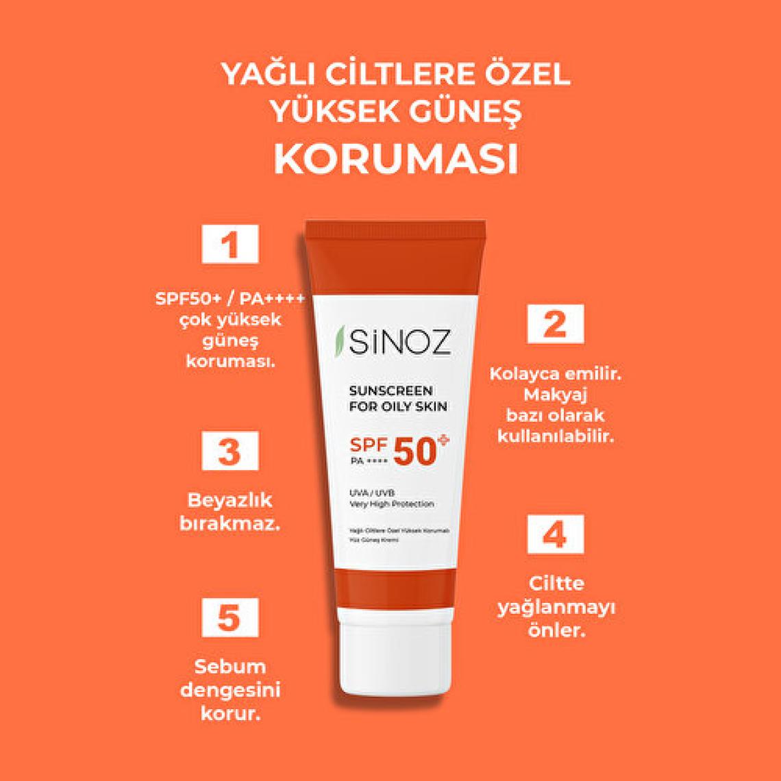 Sinoz Spf 50 Sebum Dengeleyici Aydınlatıcı Yüksek Koruma Yüz Güneş Kremi 50 ML Karma Yağlı Ciltler için