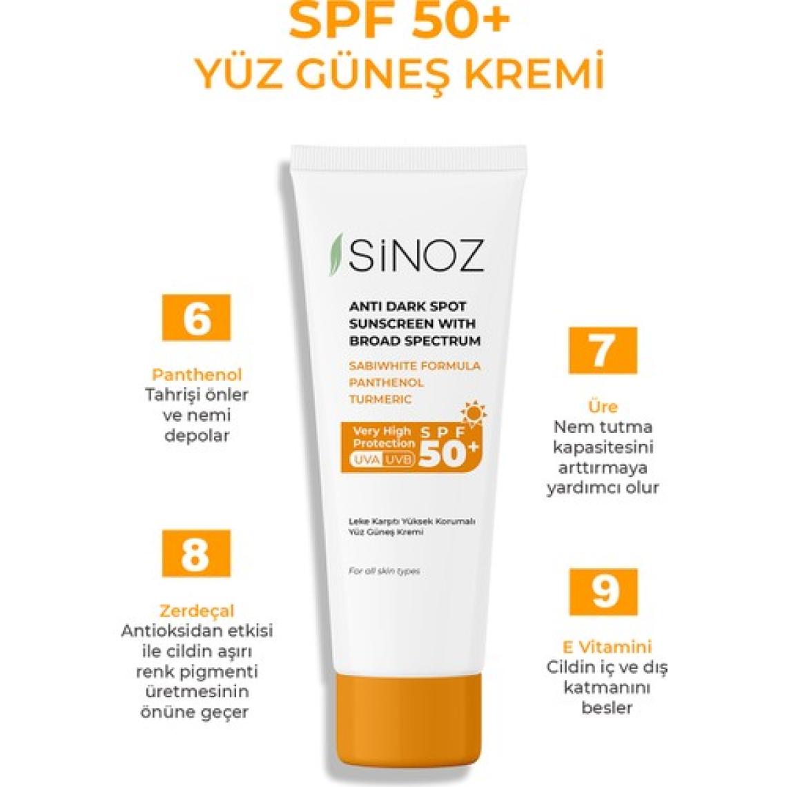 Sinoz Spf 50 Leke Karşıtı Yüksek Koruyucu Yüz Güneş Kremi 50 ml Normal Ve Kuru Ciltler Için