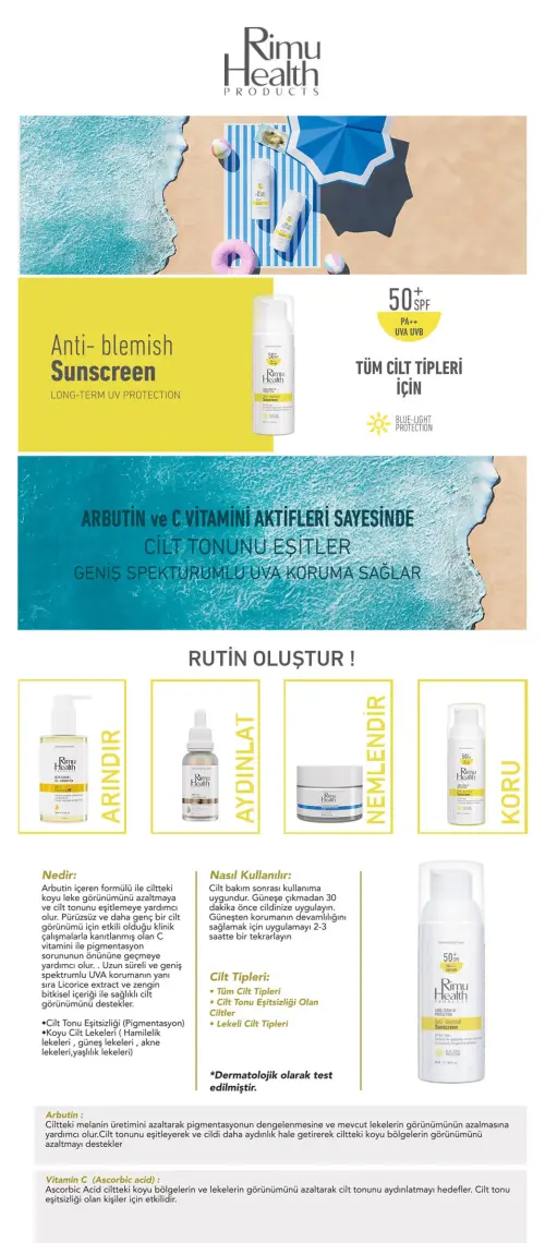 Rimu Health Products Lekeli Ciltler İçin Cilt Tonu Eşitleyici Aydınlatıcı 50 Spf Güneş Kremi