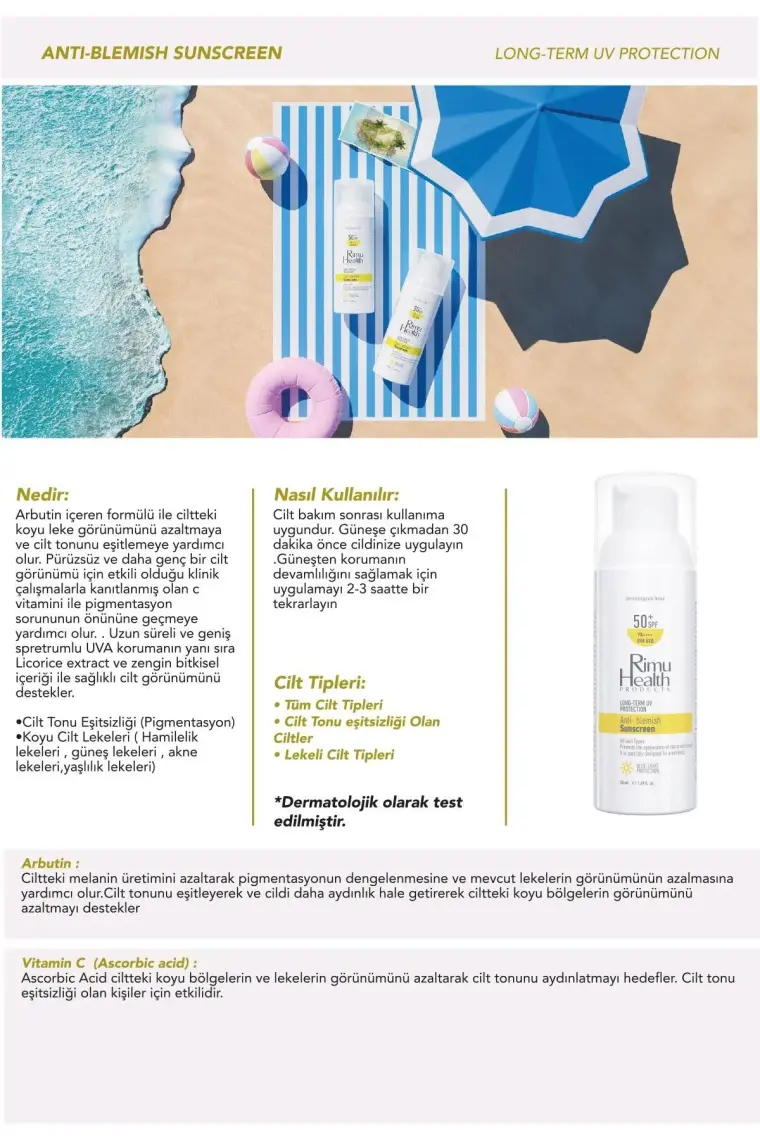Rimu Health Products Lekeli Ciltler İçin Cilt Tonu Eşitleyici Aydınlatıcı 50 Spf Güneş Kremi