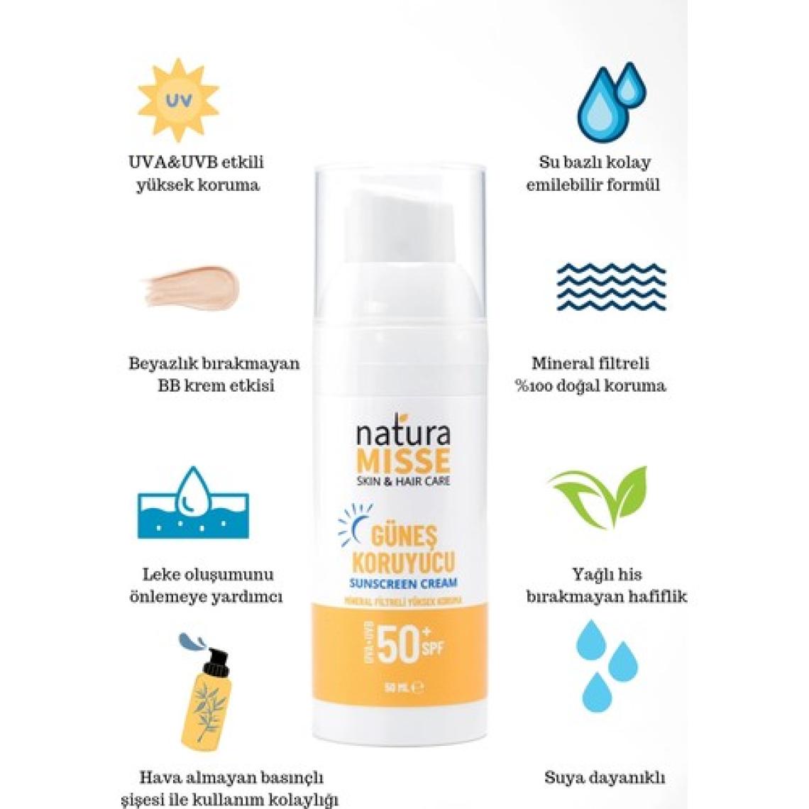 NaturaMisse Doğal Güneş Kremi 50 Ml UVA+UVB SPF 50+ Leke Karşıtı Bakım- Yüksek Koruma