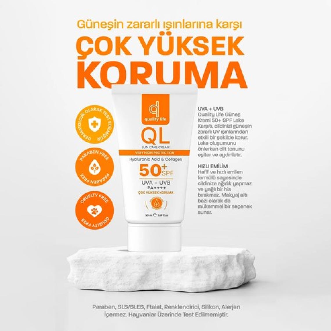 Quality Life Ql Yüz Güneş Kremi Su Bazlı Leke Karşıtı 50+ Spf Hyaluronik Asit ve Collagen 50 ml Uva + Uvb Çok Yüksek Koruma 50 Faktör