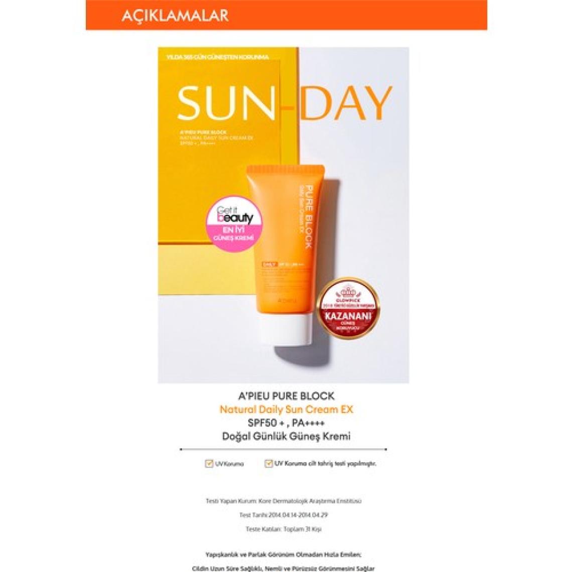 MISSHA Yapışkan His Bırakmayan Güneş Koruyucu A'PIEU Pure Block Natural Daily Sun Cream SPF50+/PA++++50ml