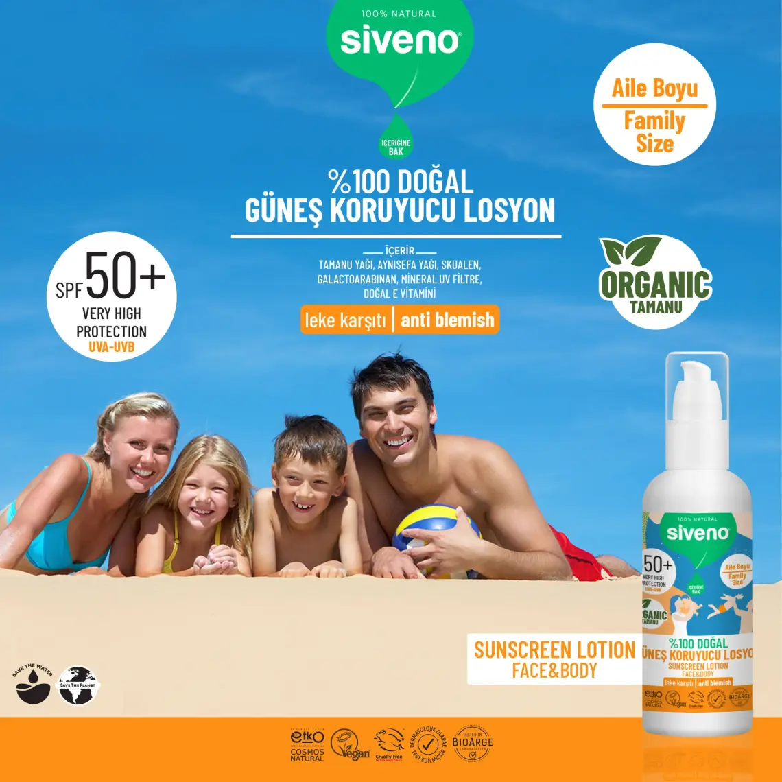 Siveno %100 Doğal ve Organik Tamanu Yağlı Güneş Losyonu Mineral Filtreli Tüm Aile Için 50 SPF 100 ml