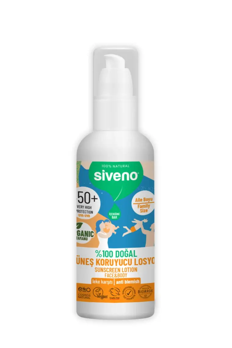 Siveno %100 Doğal ve Organik Tamanu Yağlı Güneş Losyonu Mineral Filtreli Tüm Aile Için 50 SPF 100 ml