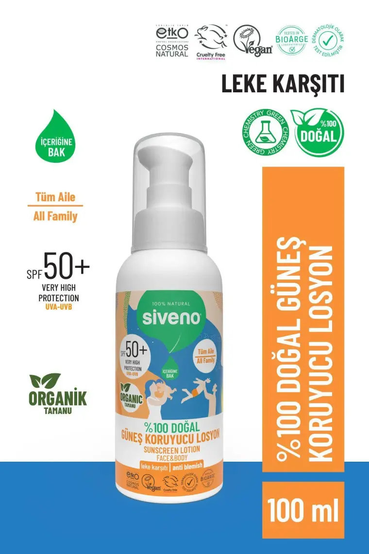 Siveno %100 Doğal ve Organik Tamanu Yağlı Güneş Losyonu Mineral Filtreli Tüm Aile Için 50 SPF 100 ml