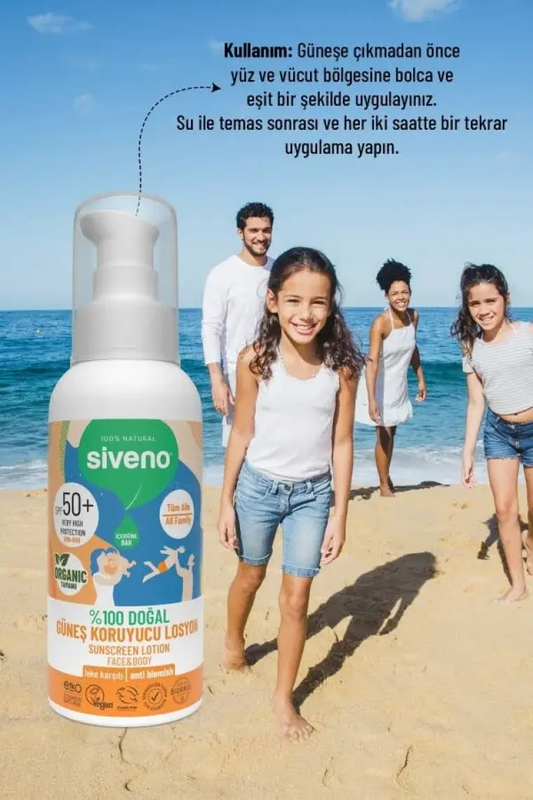 Siveno %100 Doğal ve Organik Tamanu Yağlı Güneş Losyonu Mineral Filtreli Tüm Aile Için 50 SPF 100 ml