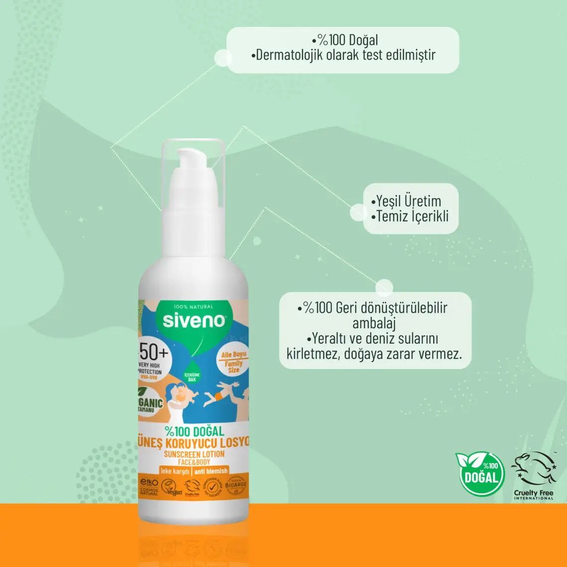 Siveno %100 Doğal ve Organik Tamanu Yağlı Güneş Losyonu Mineral Filtreli Tüm Aile Için 50 SPF 100 ml