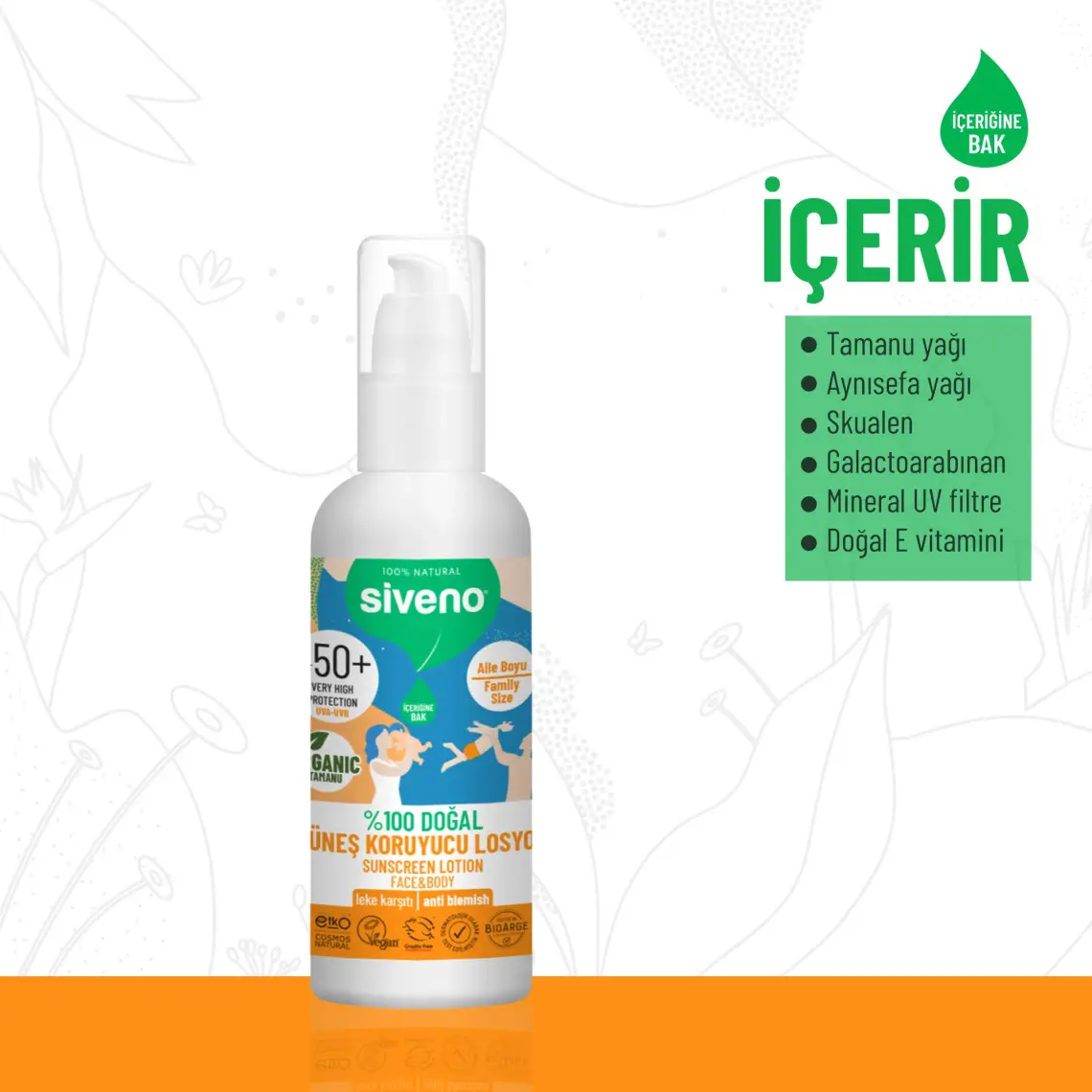 Siveno %100 Doğal ve Organik Tamanu Yağlı Güneş Losyonu Mineral Filtreli Tüm Aile Için 50 SPF 100 ml