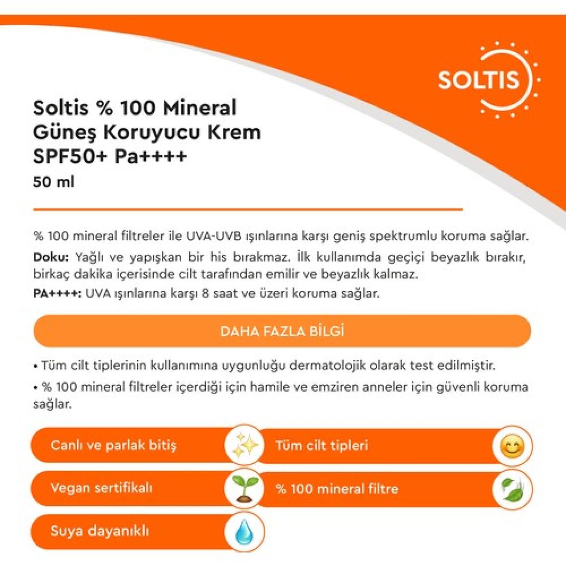 Soltis % 100 Mineral Güneş Koruyucu Krem SPF50+ PA++++, 50 ml