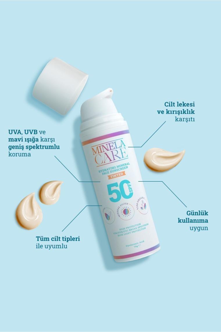 Hyalüronik Asitli Organik Mineral Filtreli Renkli Cilt Tonu Eşitleyici Yüz Güneş Kremi Spf 50 70gr