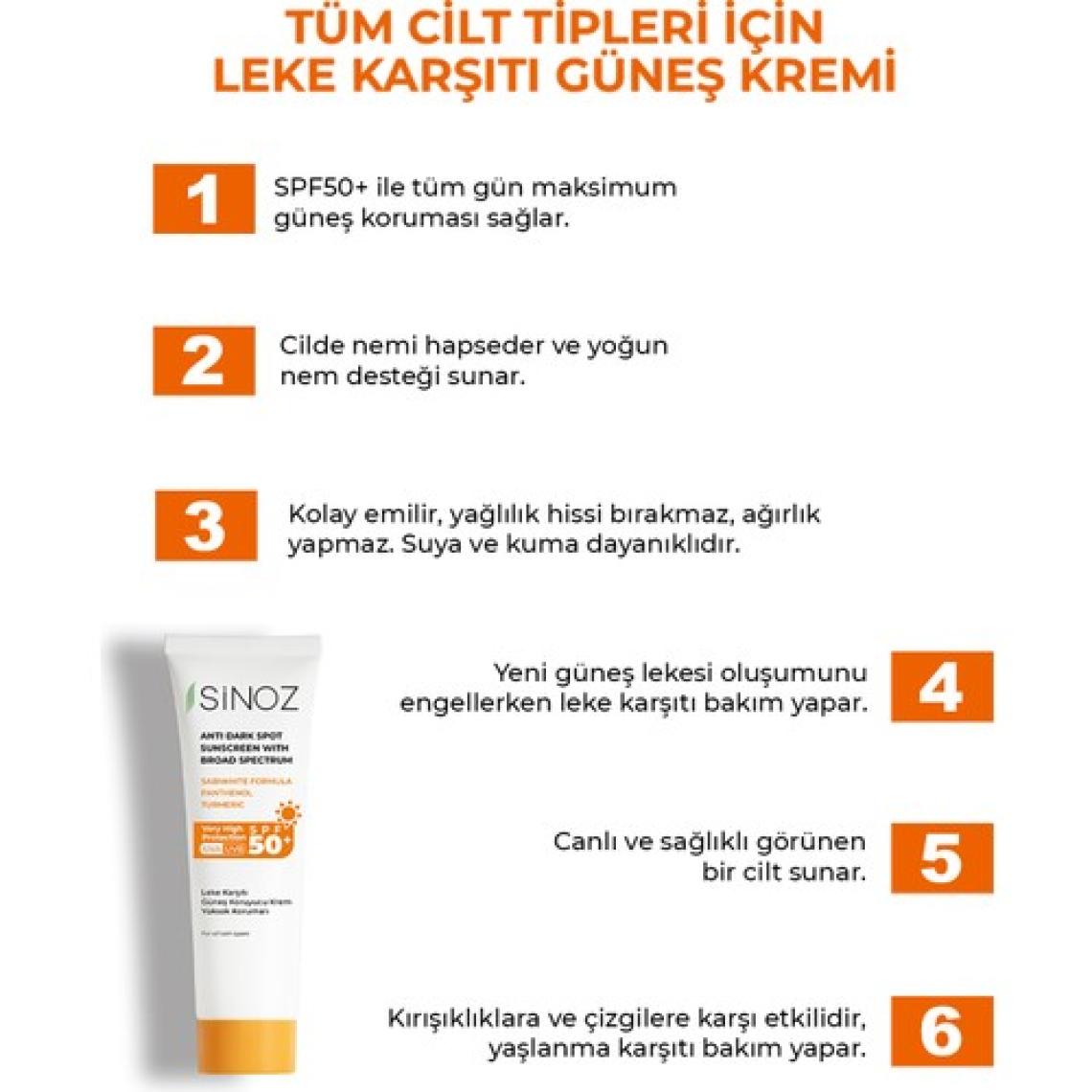 Sinoz Spf 50 Leke Karşıtı Yüksek Koruyucu Yüz Güneş Kremi 50 ml Normal Ve Kuru Ciltler Için