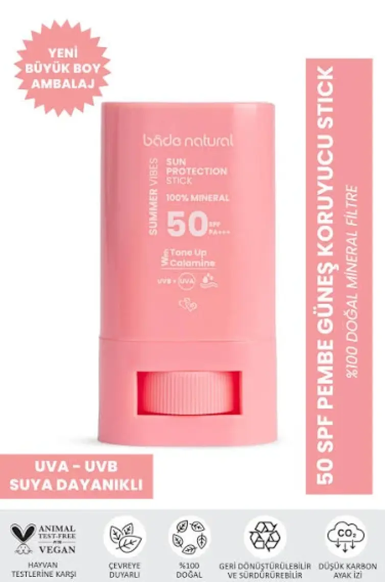 Bade Natural 50 Spf Ton Eşitleyici ve Cilt Aydınlatıcı Pembe Yüksek Korumalı Güneş Koruyucu Stick