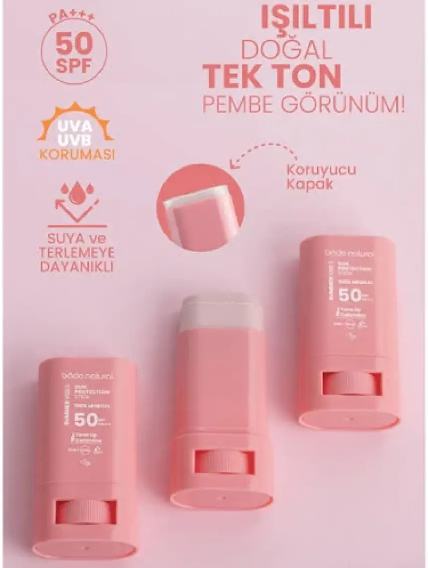 Bade Natural 50 Spf Ton Eşitleyici ve Cilt Aydınlatıcı Pembe Yüksek Korumalı Güneş Koruyucu Stick