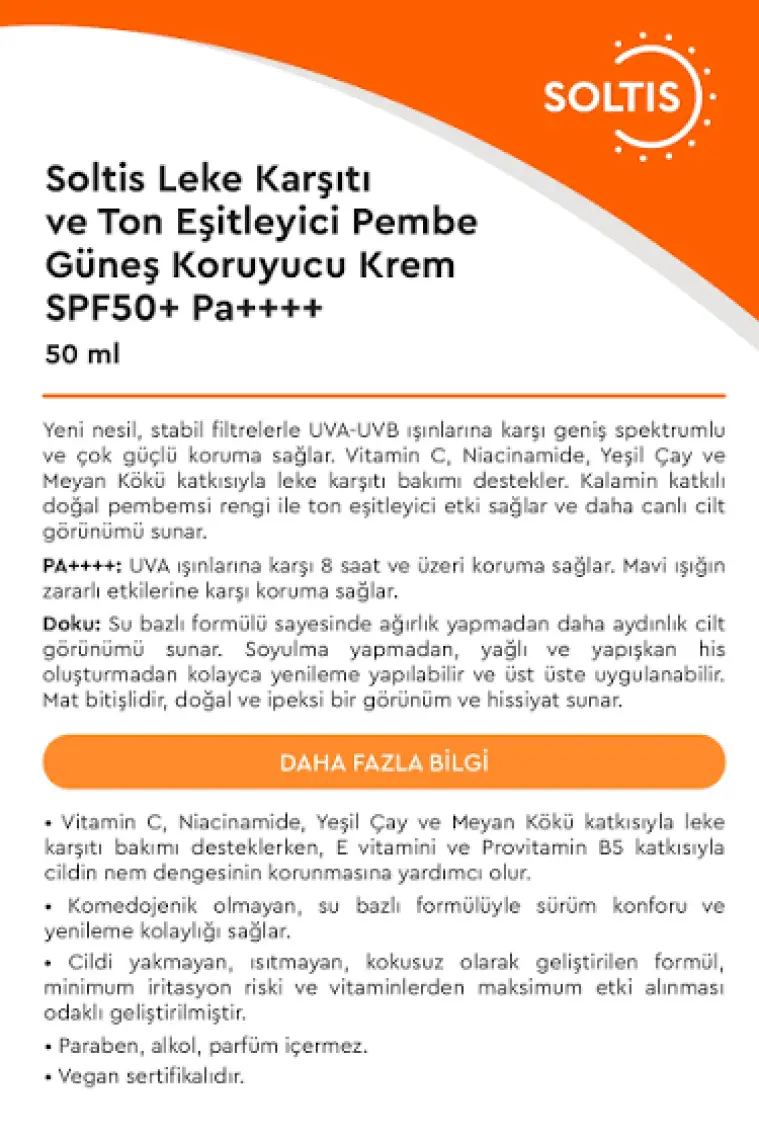 Soltis Leke Karşıtı ve Ton Eşitleyici Pembe Güneş Koruyucu Krem SPF50+ Pa++++, 50 ml