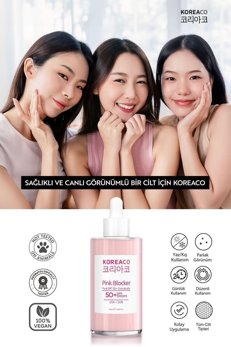 Koreaco Blocker Pink Saf Spf 50+ Ton Eşitleyici Yüksek Uvb+Uva Korumalı 50ML Güneş Serumu