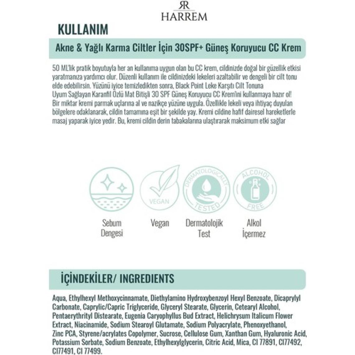 Harrem Akneli & Yağlı Karma Ciltler Için 30SPF Güneş Koruyucu cc Krem Black P.int 50ML