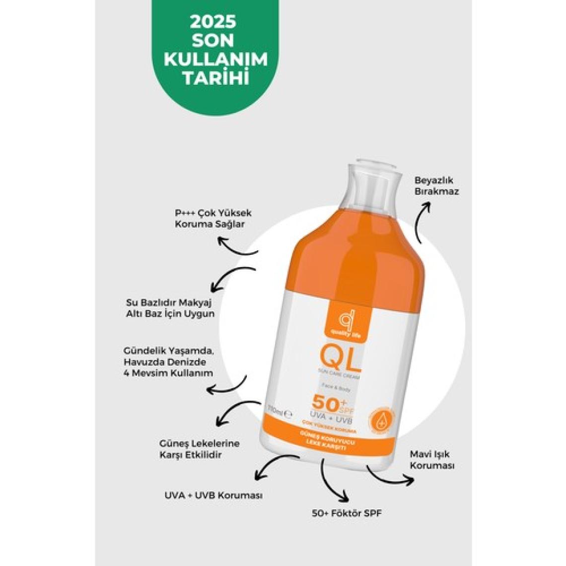 QL Yüz Güneş Kremi  50 SPF Faktör Leke Karşıtı 110 ML  Su Bazlı Kuru - Yağlı - Karma Ciltler İçin