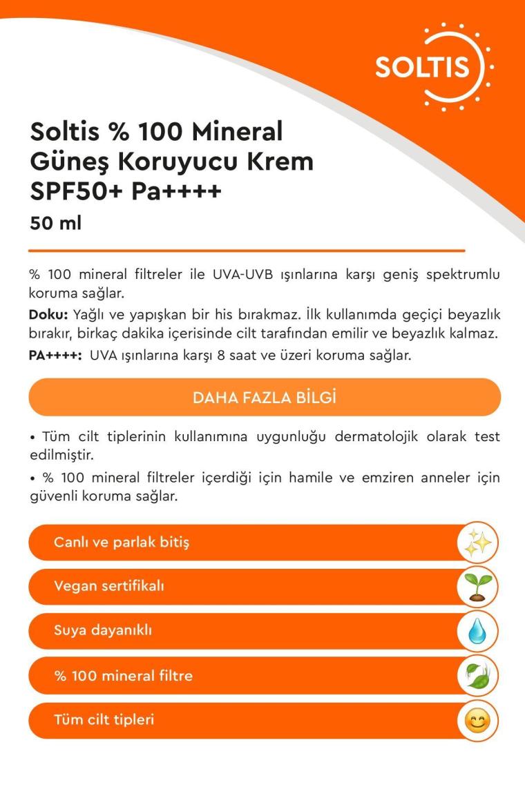 %100 Mineral Güneş Koruyucu Krem Spf50 Pa , 50 ml