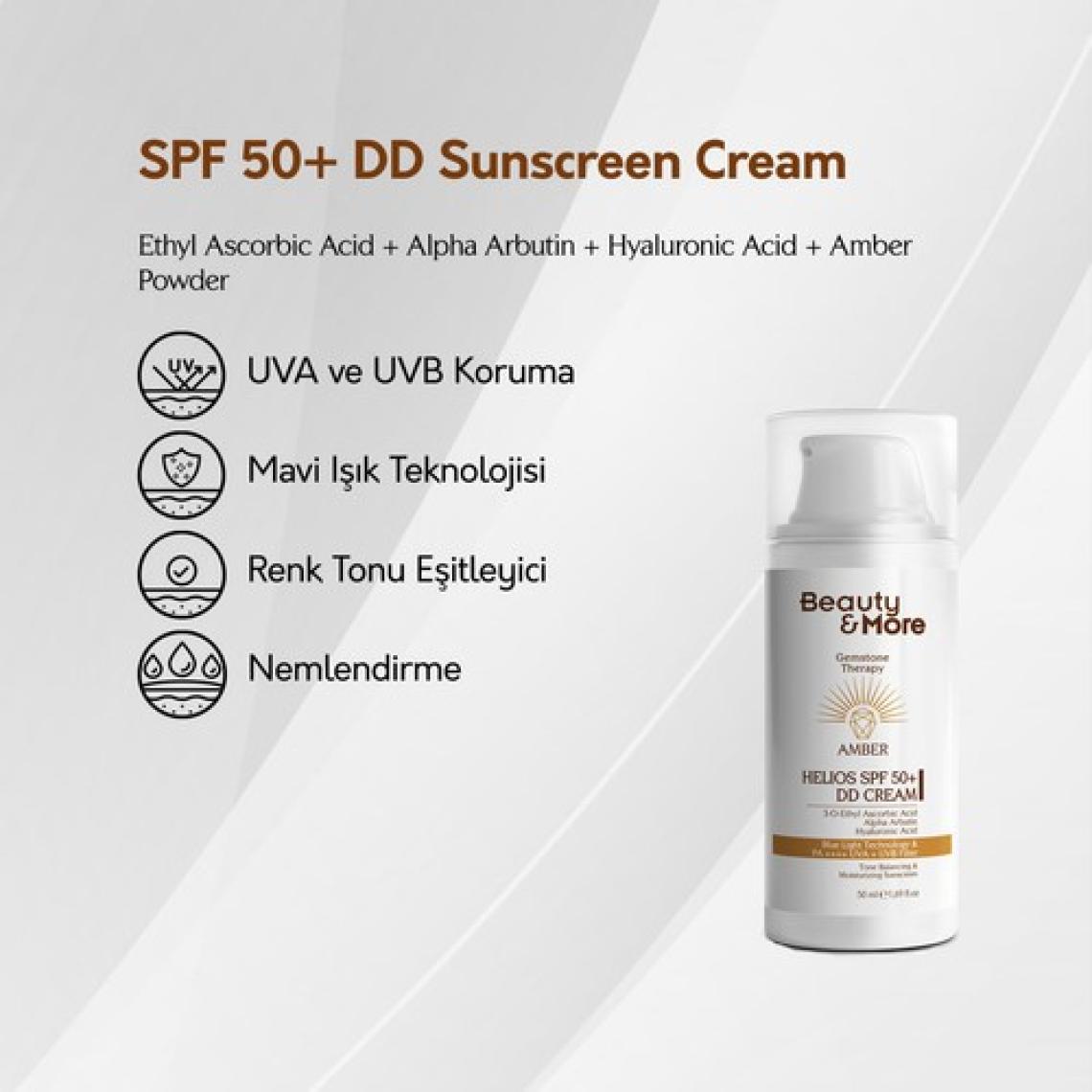 Beauty&More Amber Helios Spf 50+ DD Krem Formlu Güneş Kremi 50 ml Ethyl Ascorbic Acid+ Alpha Arbutin + Hyaluronic Acid + Amber Powder