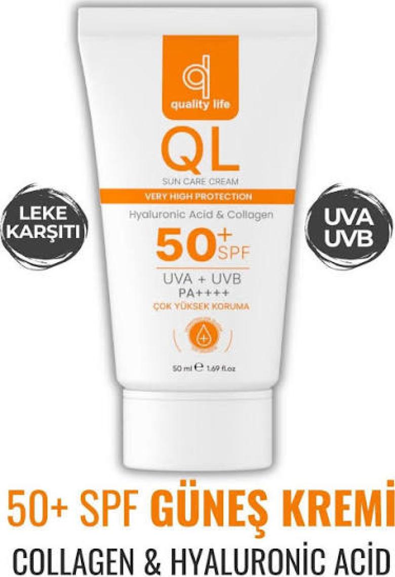 Quality Life Ql Yüz Güneş Kremi Su Bazlı Leke Karşıtı 50+ Spf Hyaluronik Asit ve Collagen 50 ml Uva + Uvb Çok Yüksek Koruma 50 Faktör