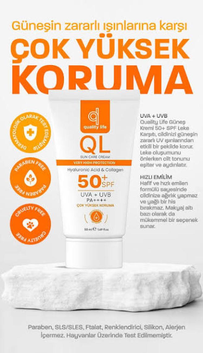 Quality Life Ql Yüz Güneş Kremi Su Bazlı Leke Karşıtı 50+ Spf Hyaluronik Asit ve Collagen 50 ml Uva + Uvb Çok Yüksek Koruma 50 Faktör