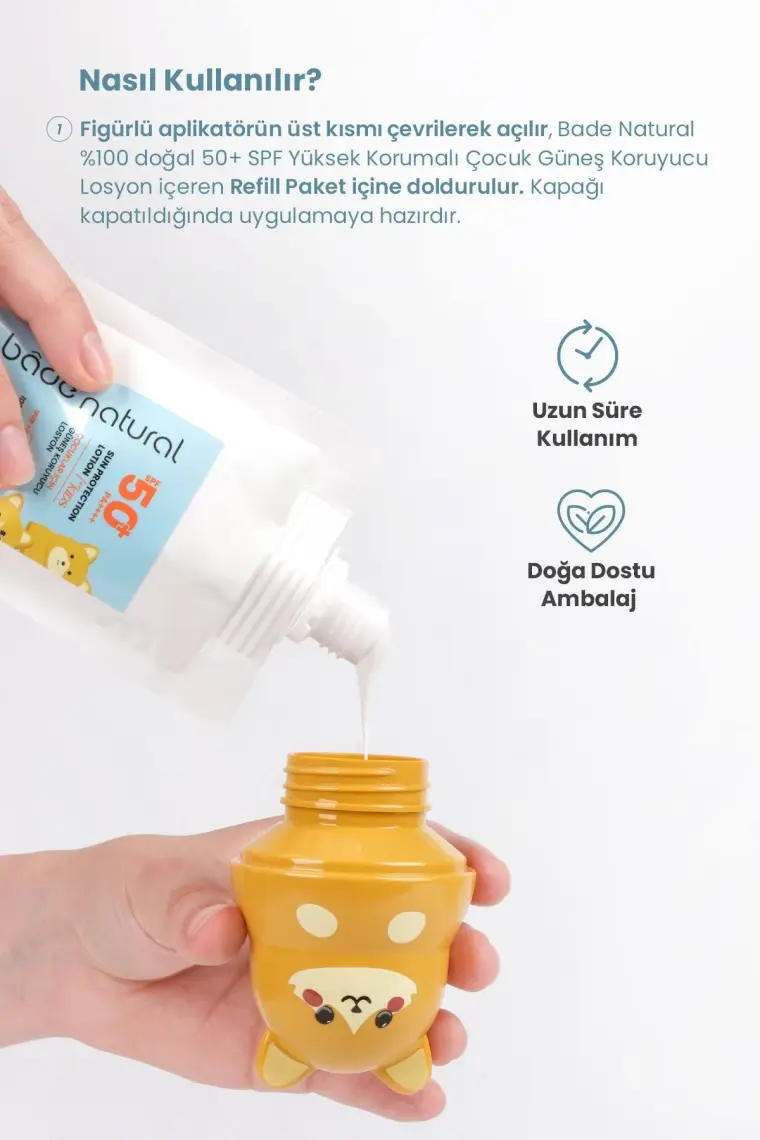 Bade Natural Güneş Koruyucu Losyon Aplikatörü Kedi Figürlü Doldurulabilir Roll On 110 ml