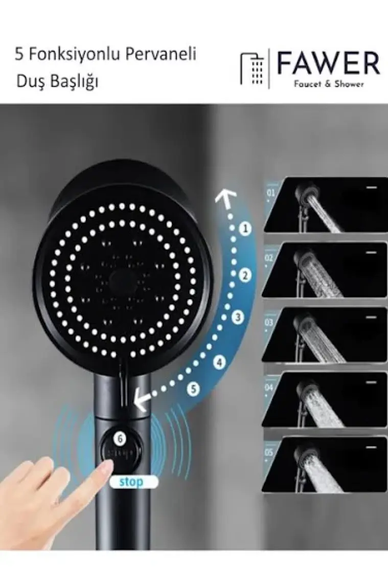 FAWER Faucet & Shower Siyah Turbo 5 Fonksiyonlu Pervaneli Mafsallı Duş Seti Duş Başlığı