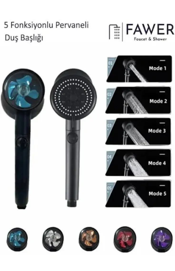 FAWER Faucet & Shower Siyah Turbo 5 Fonksiyonlu Pervaneli Mafsallı Duş Seti Duş Başlığı