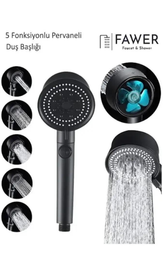 FAWER Faucet & Shower Siyah Turbo 5 Fonksiyonlu Pervaneli Mafsallı Duş Seti Duş Başlığı