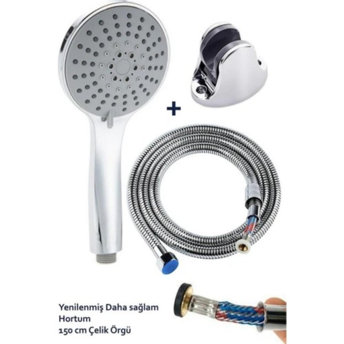 Mucit Home 5 Fonksiyonlu Büyük Boy Krom Duş Başlığı 150 cm Örgülü Hortumlu Mafsallı Duş Seti