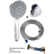 Mucit Home 5 Fonksiyonlu Büyük Boy Krom Duş Başlığı 150 cm Örgülü Hortumlu Mafsallı Duş Seti