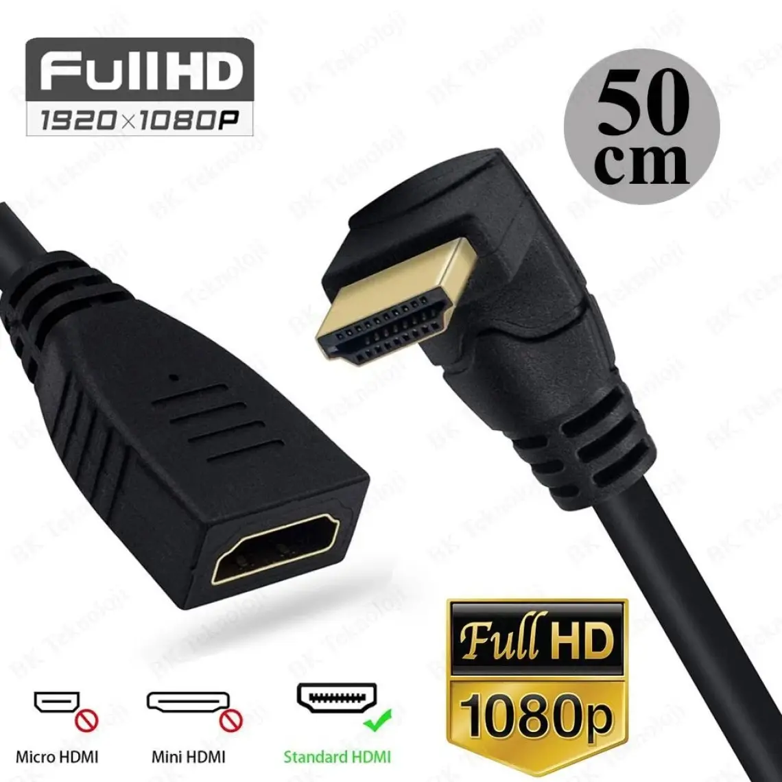 BK Teknoloji 90 Derece L Tipi Açılı HDMI Erkek-Dişi Uzatma Kablosu 50CM